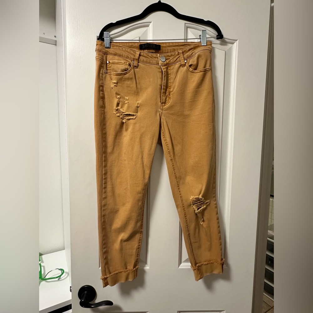 Cropped distressed skinny jeans - beige/yellow/mustard color